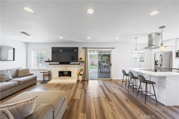 Fireplace, Interior, Kitchen, Living room, Pendant Lights, Recessed Lighting, Wood Texture Flooring