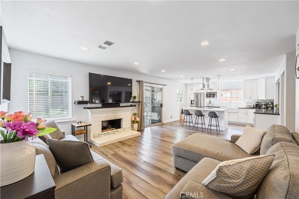 Fireplace, Interior, Kitchen, Living room, Pendant Lights, Recessed Lighting, Wood Texture Flooring