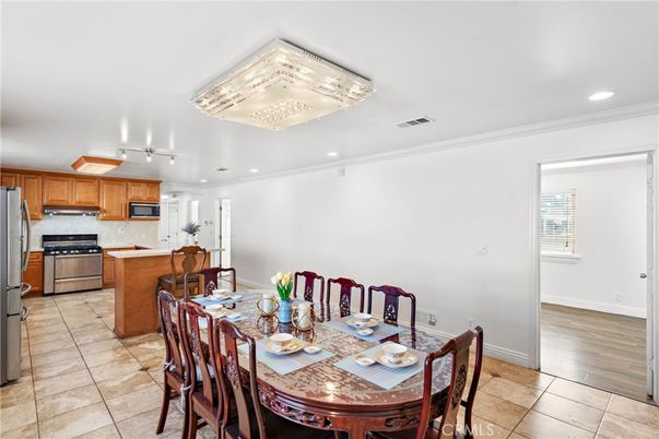 Dining room, Interior, Kitchen, Recessed Lighting, Stainless Steel Appliances, Wood Texture Flooring