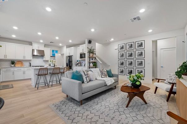 Interior, Kitchen, Living room, Recessed Lighting, Stainless Steel Appliances, Wood Texture Flooring