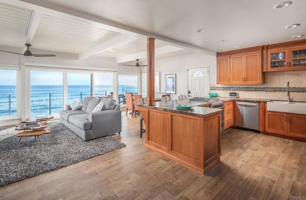 Dining room, Interior, Kitchen, Living room, Recessed Lighting, Water, Wood Texture Flooring