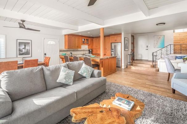 Dining room, Interior, Kitchen, Living room, Recessed Lighting, Stainless Steel Appliances, Wood Texture Flooring