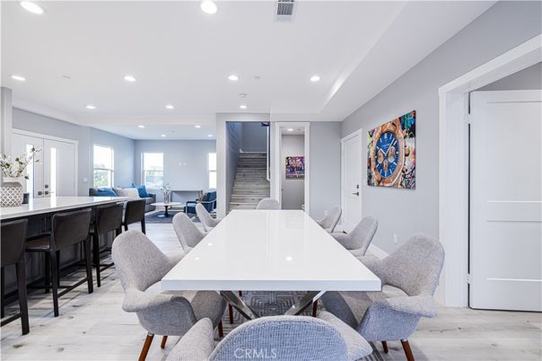 Dining room, Interior, Living room, Recessed Lighting, Wood Texture Flooring