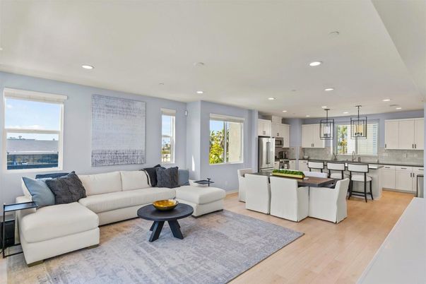 Dining room, Interior, Kitchen, Living room, Pendant Lights, Recessed Lighting, Stainless Steel Appliances, Wood Texture Flooring