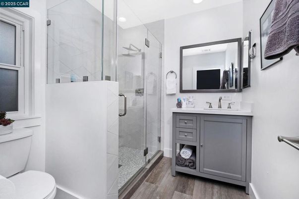 Bathroom, Glass Shower, Interior, Recessed Lighting, Wood Texture Flooring