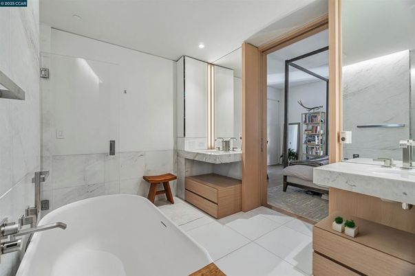Bathroom, Dual Sink Vanities, Free Standing Baths, Interior, Marble Walls, Recessed Lighting
