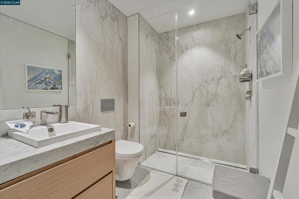 Bathroom, Glass Shower, Interior, Marble Walls, Recessed Lighting