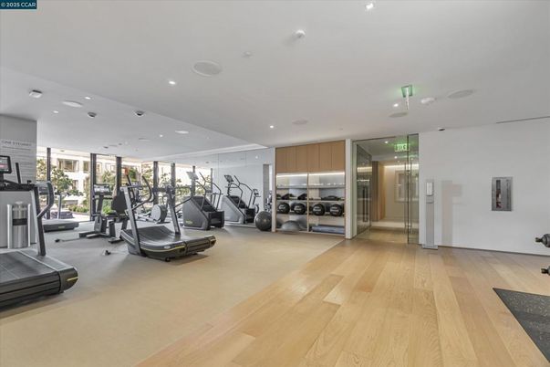 Fitness Equipment, Gym, Interior, Recessed Lighting, Wood Texture Flooring