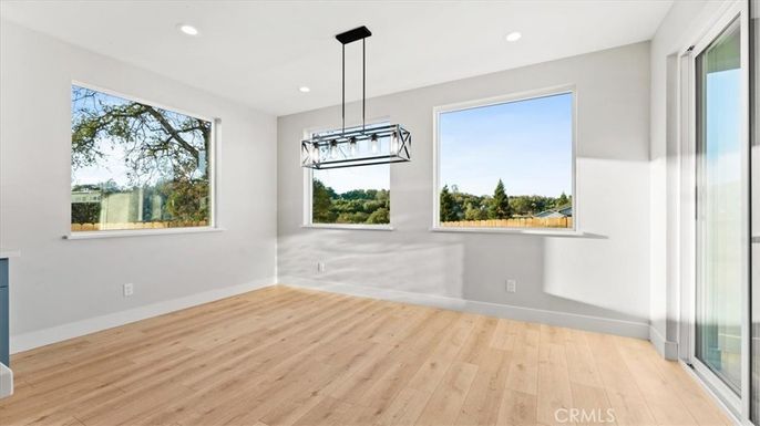 Empty room, Interior, Pendant Lights, Recessed Lighting, Wood Texture Flooring