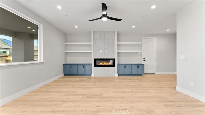 Empty room, Fireplace, Interior, Recessed Lighting, Wood Texture Flooring