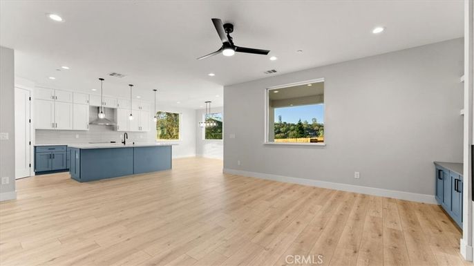 Empty room, Interior, Kitchen, Pendant Lights, Recessed Lighting, Wood Texture Flooring