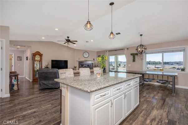 Fireplace, Interior, Kitchen, Pendant Lights, Recessed Lighting, Wood Texture Flooring