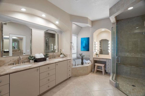 Bathroom, Dual Sink Vanities, Glass Shower, Interior, Recessed Lighting