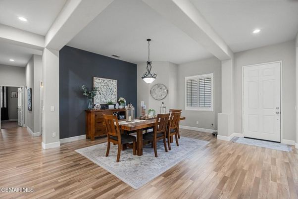 Dining room, Interior, Pendant Lights, Recessed Lighting, Wood Texture Flooring