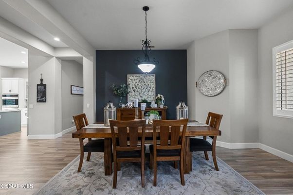 Dining room, Interior, Pendant Lights, Recessed Lighting, Wood Texture Flooring