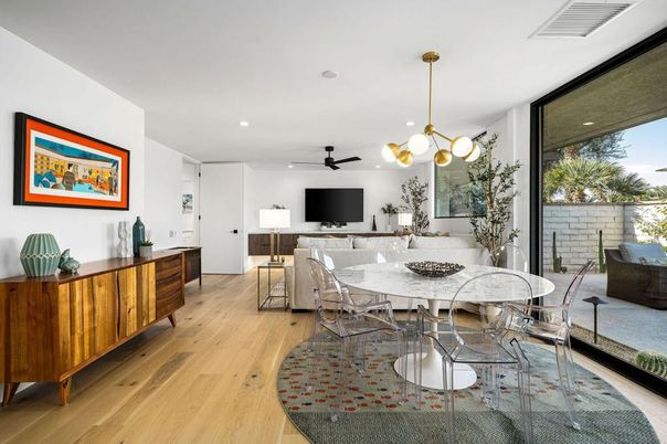 Dining room, Interior, Living room, Pendant Lights, Recessed Lighting, Wood Texture Flooring