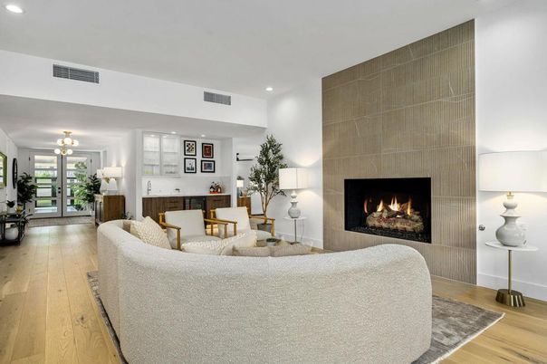 Fireplace, Interior, Living room, Recessed Lighting, Wood Texture Flooring