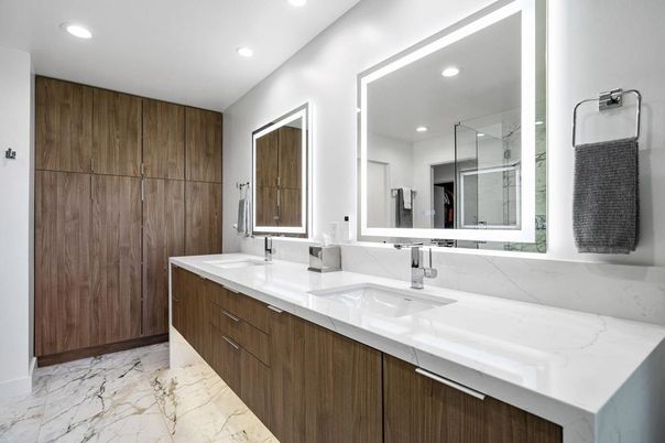 Bathroom, Dual Sink Vanities, Glass Shower, Interior, Marble, Recessed Lighting