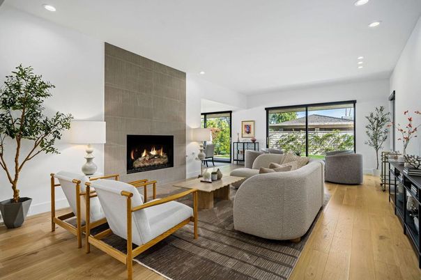 Fireplace, Interior, Living room, Recessed Lighting, Wood Texture Flooring