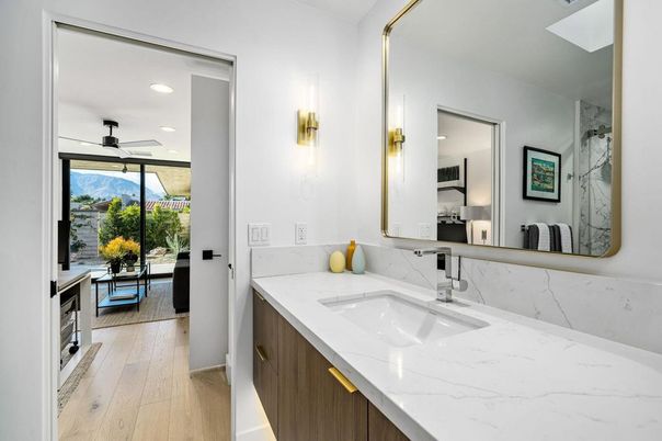 Bathroom, Interior, Marble Walls, Recessed Lighting, Wood Texture Flooring