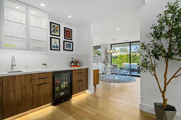 Dining room, Interior, Kitchen, Marble Walls, Pendant Lights, Recessed Lighting, Wood Texture Flooring