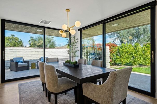 Dining room, Interior, Pendant Lights, Wood Texture Flooring