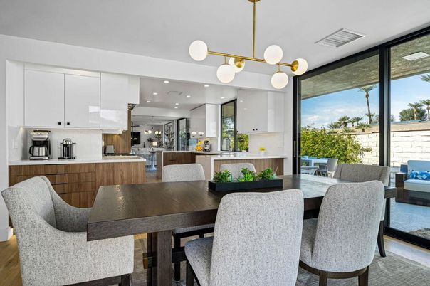 Dining room, Interior, Kitchen, Pendant Lights, Recessed Lighting, Wood Texture Flooring