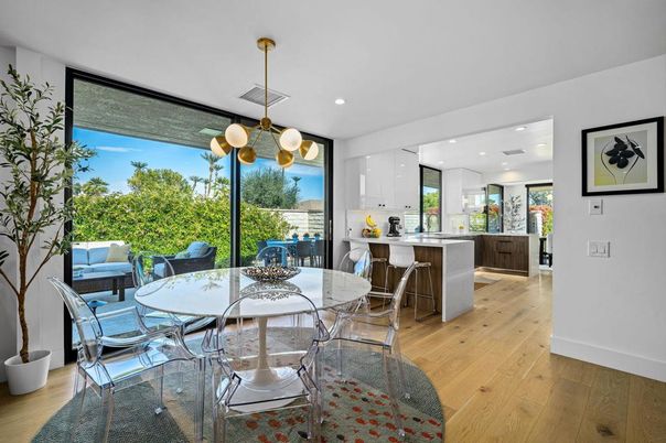 Dining room, Interior, Kitchen, Pendant Lights, Recessed Lighting, Wood Texture Flooring