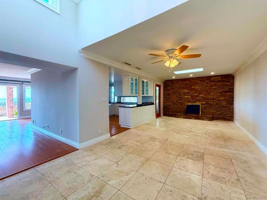 Empty room, Fireplace, Interior, Recessed Lighting, Stone Walls