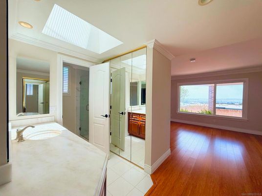 Bathroom, Glass Shower, Interior, Recessed Lighting, Wood Texture Flooring
