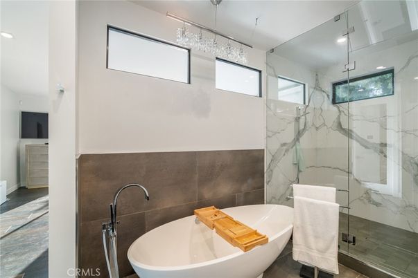 Bathroom, Free Standing Baths, Glass Shower, Interior, Marble Walls, Recessed Lighting