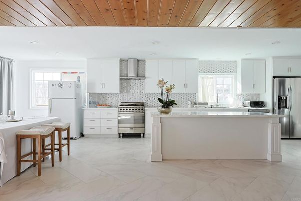 Interior, Kitchen, Marble, Recessed Lighting, Stainless Steel Appliances, Wooden Ceilings