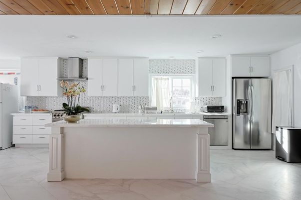 Interior, Kitchen, Marble, Recessed Lighting, Stainless Steel Appliances, Wooden Ceilings