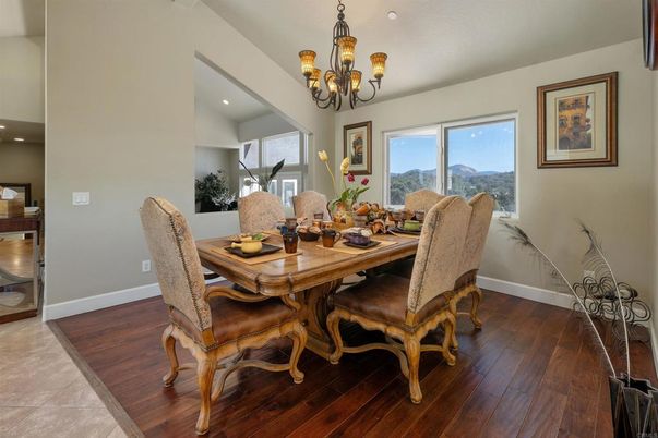 Chandelier, Dining room, Interior, Recessed Lighting, Wood Texture Flooring