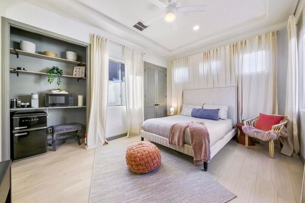 Bedroom, Interior, Recessed Lighting, Wood Texture Flooring