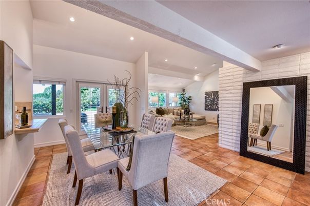 Dining room, Interior, Living room, Recessed Lighting, Stone Walls, Wooden Beams