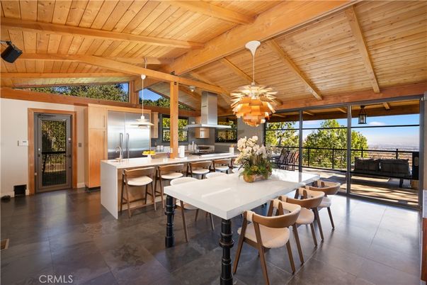 Dining room, Interior, Kitchen, Pendant Lights, Stainless Steel Appliances, Water, Wooden Beams, Wooden Ceilings