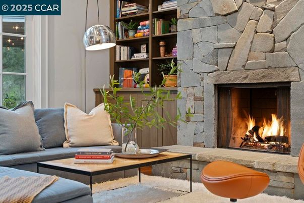 Fireplace, Interior, Living room, Pendant Lights, Stone Walls