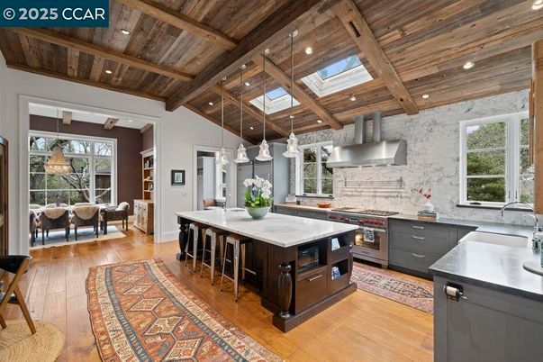 Interior, Kitchen, Marble Walls, Pendant Lights, Recessed Lighting, Stainless Steel Appliances, Wooden Beams, Wooden Ceilings, Wood Texture Flooring