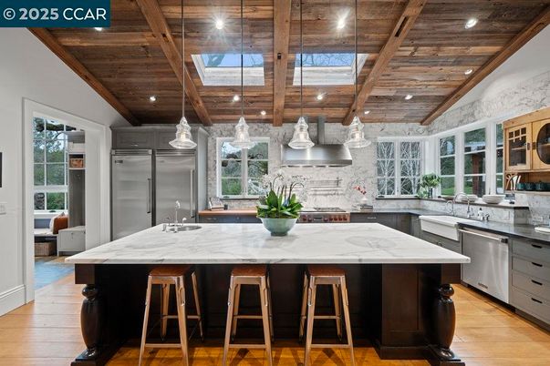 Interior, Kitchen, Pendant Lights, Recessed Lighting, Stainless Steel Appliances, Wooden Beams, Wooden Ceilings, Wood Texture Flooring