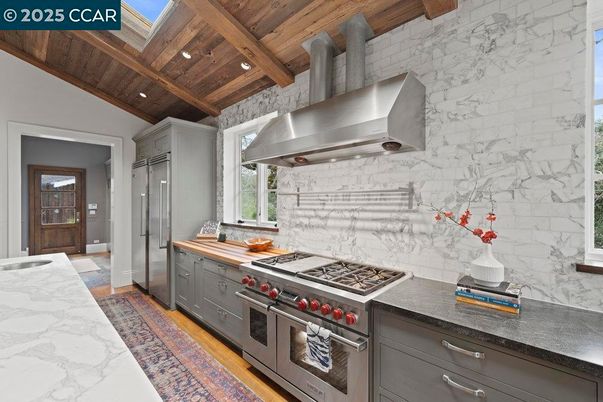 Interior, Kitchen, Marble Walls, Recessed Lighting, Stainless Steel Appliances, Wooden Beams, Wooden Ceilings, Wood Texture Flooring