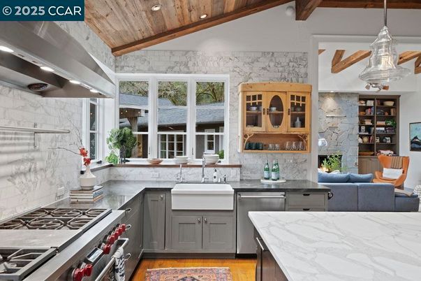 Interior, Kitchen, Marble Walls, Pendant Lights, Recessed Lighting, Stainless Steel Appliances, Stone Walls, Wooden Beams, Wooden Ceilings, Wood Texture Flooring