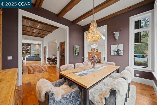 Chandelier, Dining room, Interior, Recessed Lighting, Wooden Beams, Wood Texture Flooring