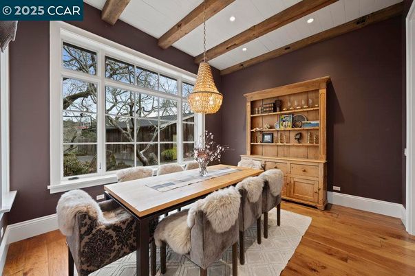 Chandelier, Dining room, Interior, Pendant Lights, Recessed Lighting, Wooden Beams, Wood Texture Flooring
