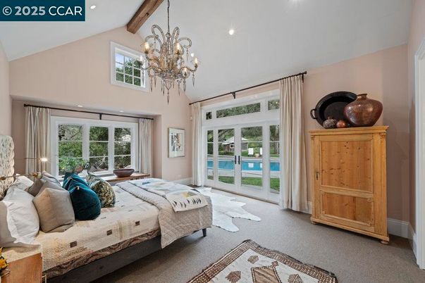 Bedroom, Chandelier, Interior, Recessed Lighting, Wooden Beams