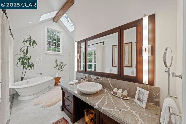Bathroom, Dual Sink Vanities, Free Standing Baths, Interior, Recessed Lighting, Wooden Beams