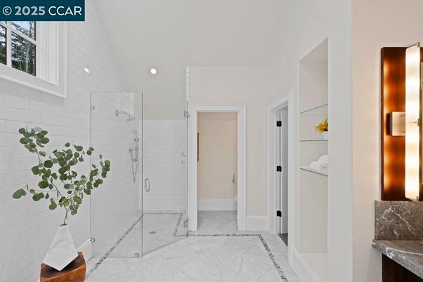 Bathroom, Glass Shower, Interior, Marble, Recessed Lighting