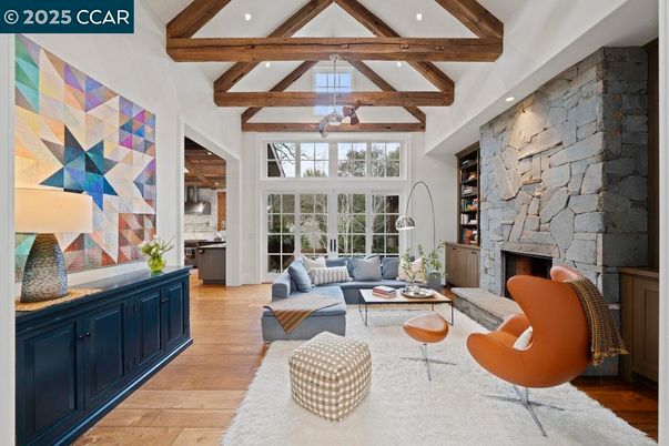Fireplace, Interior, Living room, Recessed Lighting, Stone Walls, Wooden Beams, Wood Texture Flooring