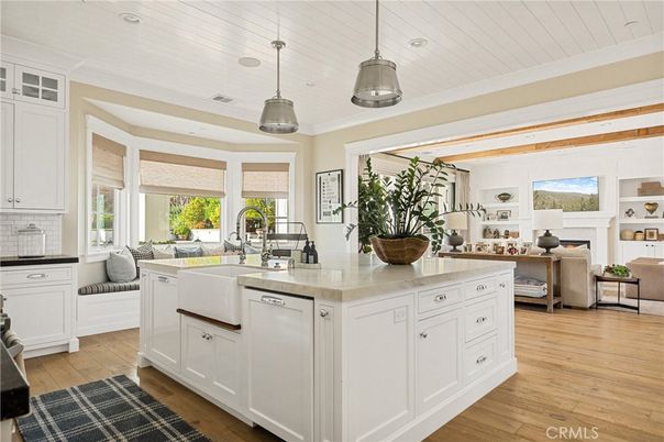 Fireplace, Interior, Kitchen, Living room, Pendant Lights, Recessed Lighting, Wood Texture Flooring