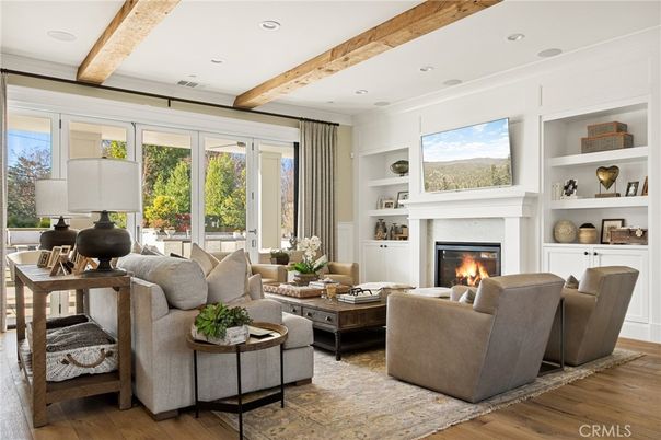 Fireplace, Interior, Living room, Recessed Lighting, Wooden Beams, Wood Texture Flooring